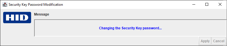 HID Security Key Password Modification message dialog box indicating that the Security Key password is being changed